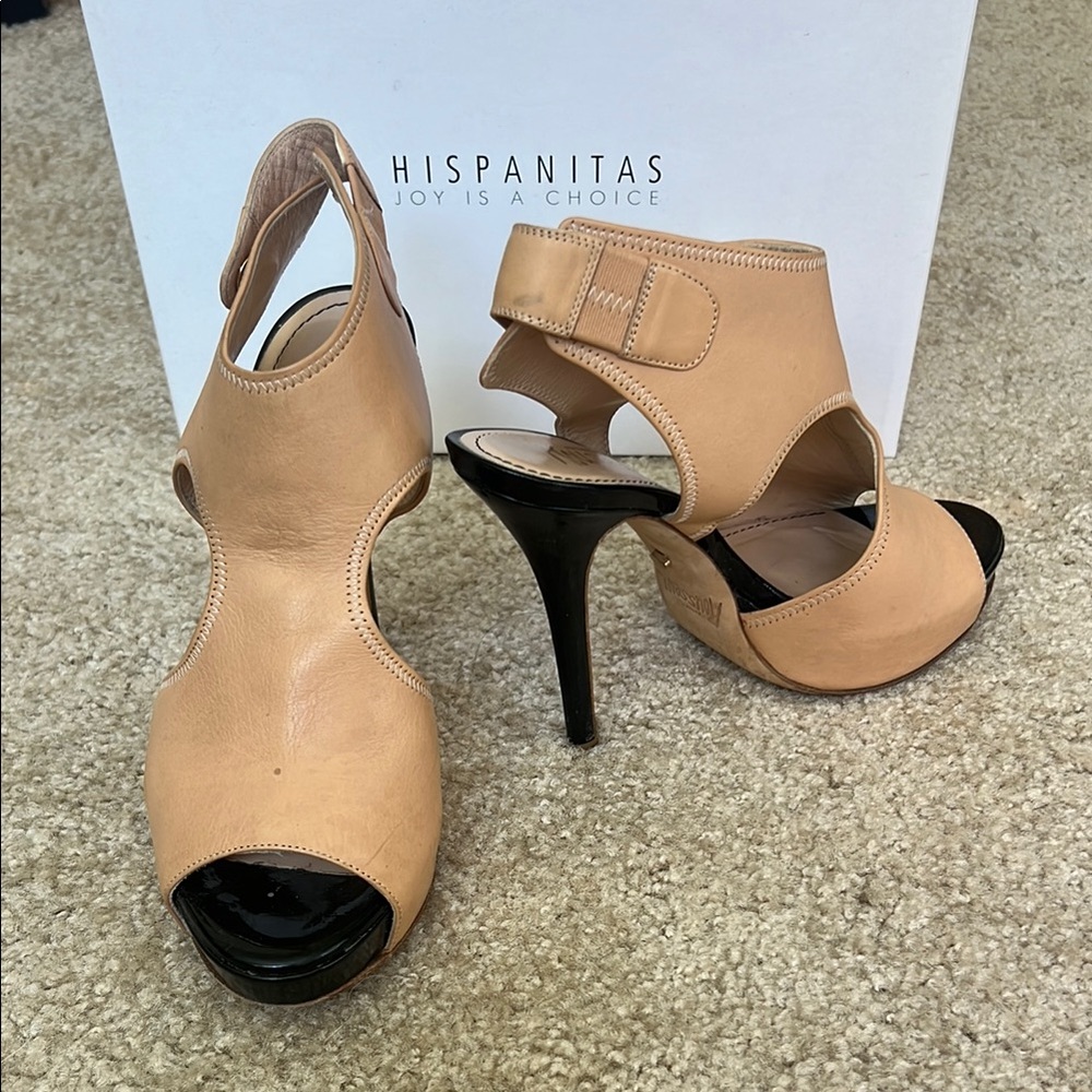 Elegant Italian Leather Tan and Black Stiletto Heels with Ankle Strap